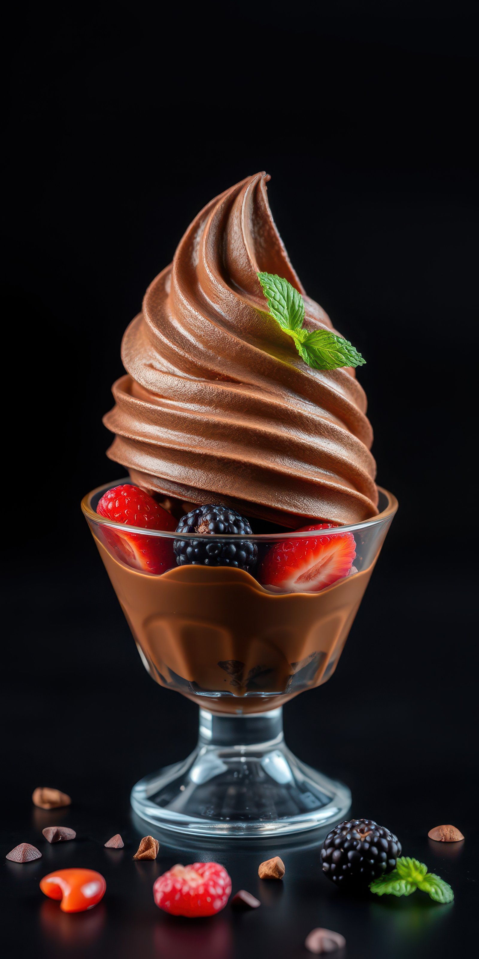 Indulgent chocolate soft serve dessert topped with fresh strawberries and blackberries garnished with mint